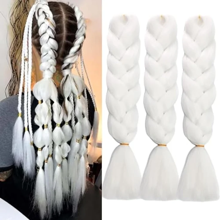 Shangxiu Braids Extensions, Kunsthaar zum Einflechten, 24 Zoll (60 cm), Yaki Gerade Textur, Weiß, 3 Stück – Bild 1