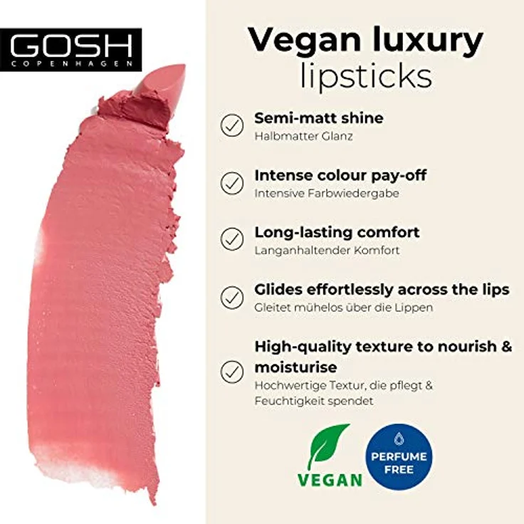 Gosh Copenhagen Luxury Rose Lips Lippenstift, feuchtigkeitsspendend, zarte Rosa-NUance, 4 g – Bild 2
