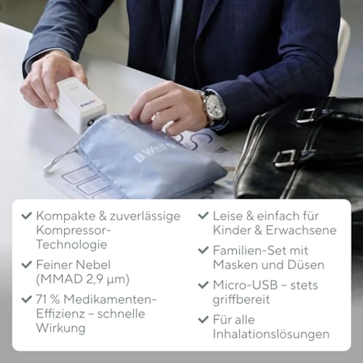 B.Well MED-120, Nebulisator mit 71,1% atembarem Anteil, akkubetrieben, inklusive Masken für Erwachsene und Kinder – Bild 7