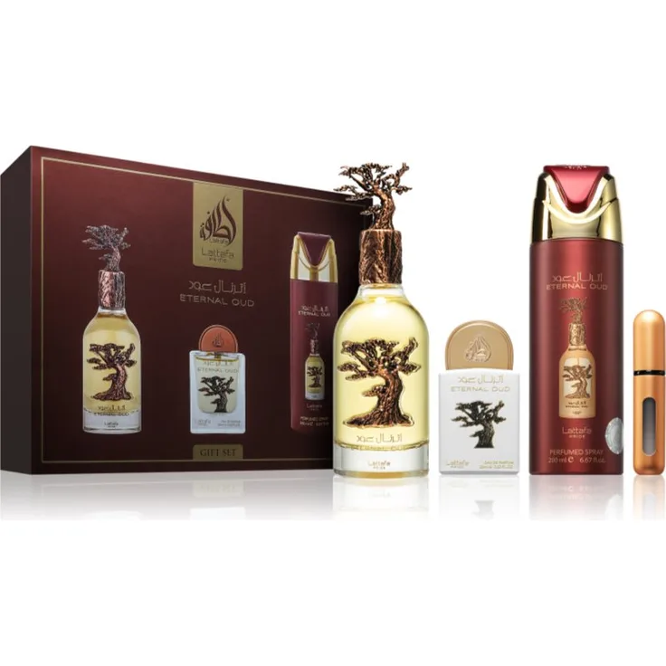 Lattafa Pride Eternal Oud Geschenkset Unisex, Duftset mit 100 ml Eau de Parfum, 20 ml Miniatur und 200 ml Parfüm-Deodorant