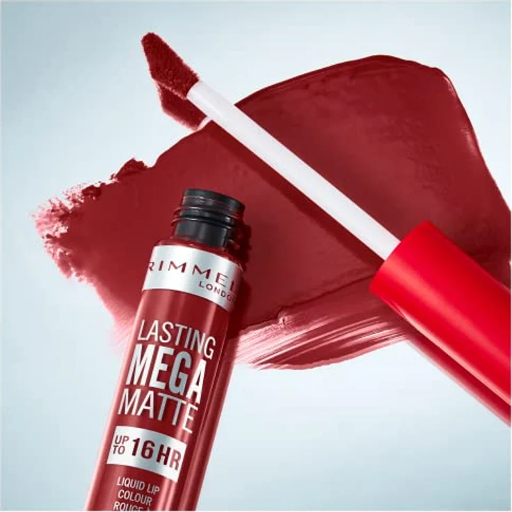 Rimmel London Flüssiger Lippenstift, Lasting Mega Matte, flüssiger Lippenstift, lang anhaltend, für weiche Lippen mit Finish Matte, vegane Formel mit Squalen und Kokosöl - 930 Ruby Passion, 7,4 ml – Bild 4