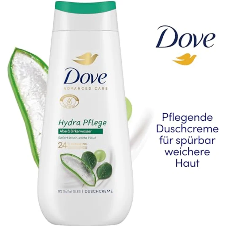 Dove Advanced Care Duschcreme Hydra Pflege mit 24h Renewing MicroMoisture für sofort lotion-zarte Haut 225 ml, mit Aloe und Birkenwasser – Bild 4