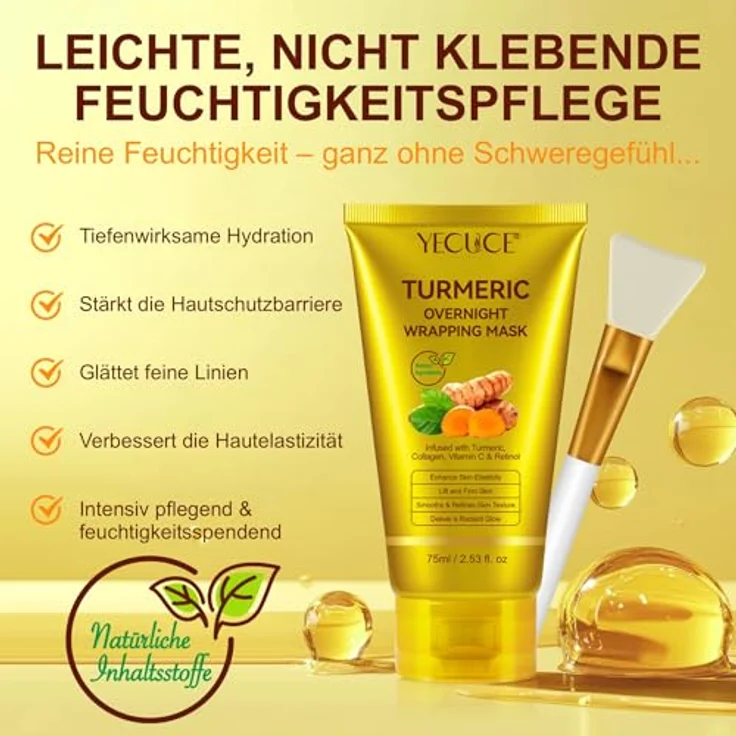 P-Beauty Turmeric Overnight Wrapping Mask, 75ml Nachtmaske mit Retinol, Vitamin C, Kurkuma & Kollagen - Anti-Aging Peel-Off Spa Maske für alle Hauttypen – Bild 2