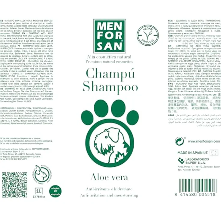 Menforsan Shampoing pour animaux de compagnie Chien Aloe Vera (1000 ml) - 100% natürliche Aloe Vera, für alle Rassen, glänzendes und weiches Fell, vegan freundlich – Bild 2