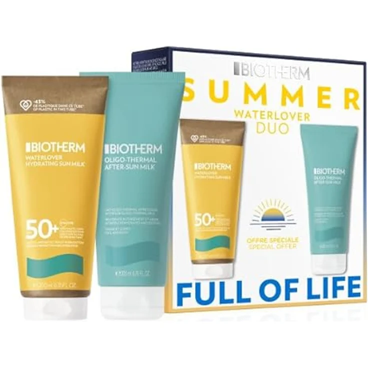 Biotherm Summer Waterlover Duo Set, Sonnenmilch SPF50 200ml + After Sun Körpermilch 200ml, feuchtigkeitsspendend, Sonnenschutz, gleichmäßigere Bräune