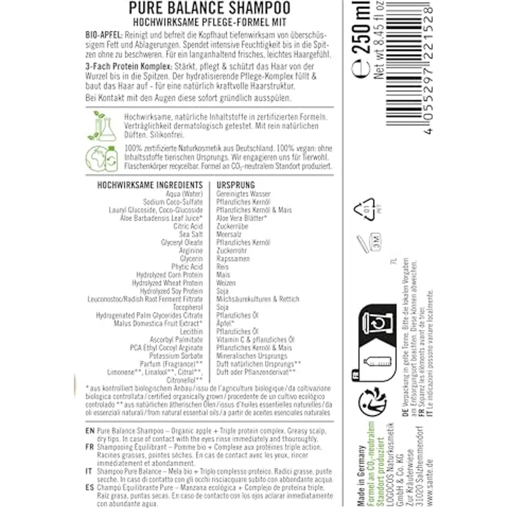 SANTE Naturkosmetik Pure Balance Shampoo Bio-Apfel + 3-Fach Protein Komplex, veganes Haarshampoo für gereinigtes und erfrischtes Haar, spendet trockenem Haar intensive Feuchtigkeit, 250 ml – Bild 2