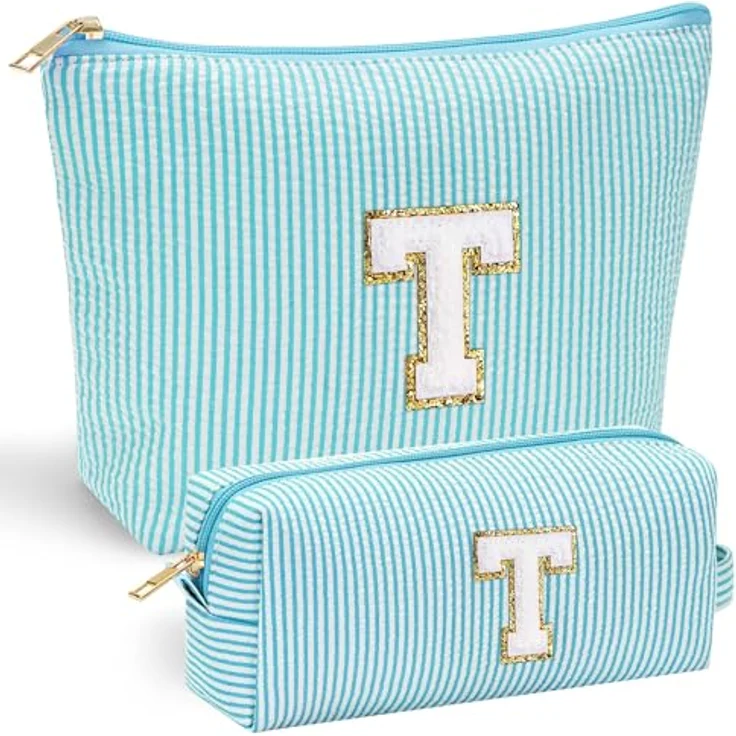 Parima Kosmetiktasche Set, 2 Stück Klein in Hellblau, Reise Schminktasche mit Fächern und personalisierbarem Chenille-Buchstaben – Bild 1