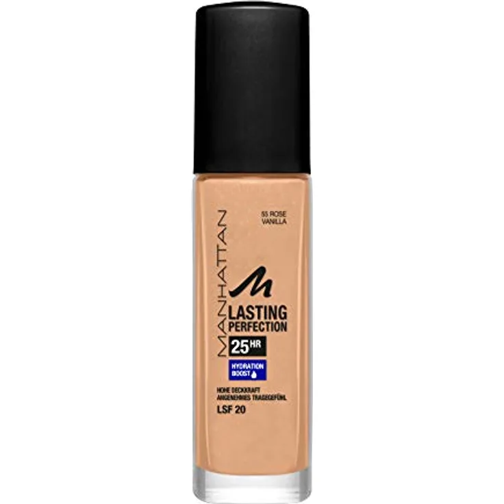 Manhattan Lasting Perfection 25 Stunden Make up, Rose Vanilla 55, feuchtigkeitsspendende Foundation, langanhaltend, hohe Deckkraft, für einen makellosen Teint, 30 ml