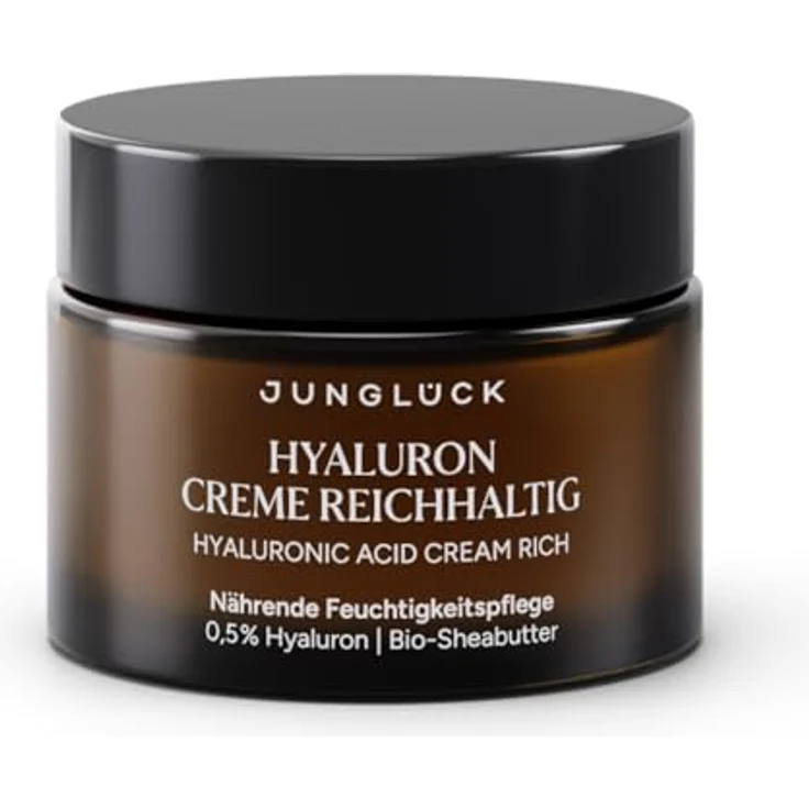 JUNGLÜCK Hyaluron Creme Hochdosiert, Reichhaltige Anti Aging Feuchtigkeitscreme mit 0,5% Hyaluronsäure, BIO Aloe Vera und BIO Shea Butter, Tages- & Nachtcreme, spendet intensiv Feuchtigkeit – Bild 1