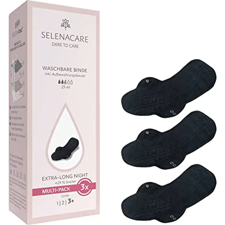 Selenacare Waschbare Binde (3er Multipack, Größe 3 Plus) - antibakteriell, geruchshemmend, wiederverwendbar, 100% vegan, mit Aufbewahrungsbeutel