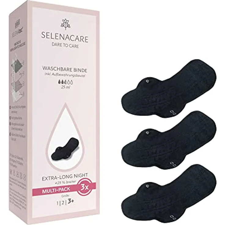 Selenacare Waschbare Binde (3er Multipack, Größe 3 Plus) - antibakteriell, geruchshemmend, wiederverwendbar, 100% vegan, mit Aufbewahrungsbeutel – Bild 1