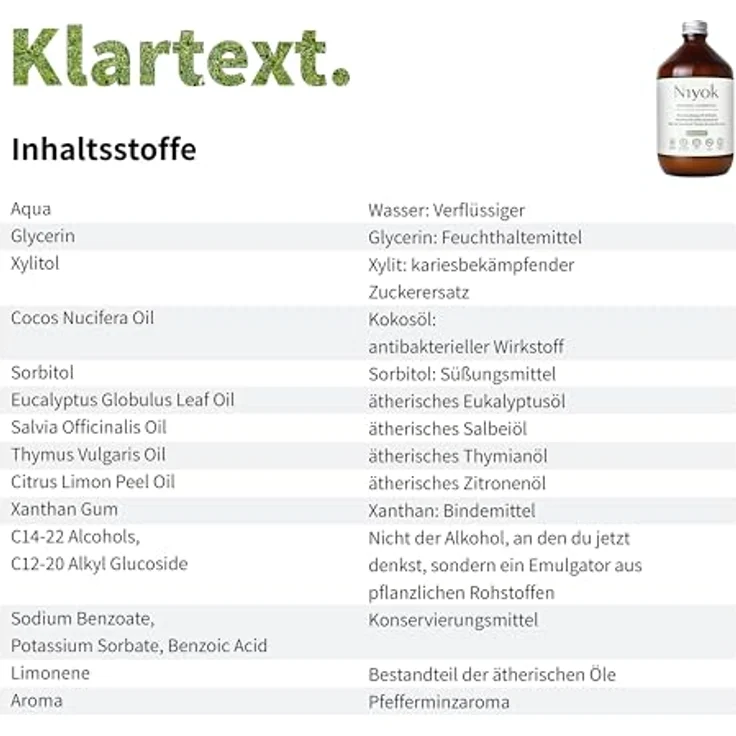 Niyok Mundspülung - Pfefferminze, 500ml 2er Pack, mit antibakteriellem Bio-Kokosöl, vegan, plastikfreie Glasflasche – Bild 2