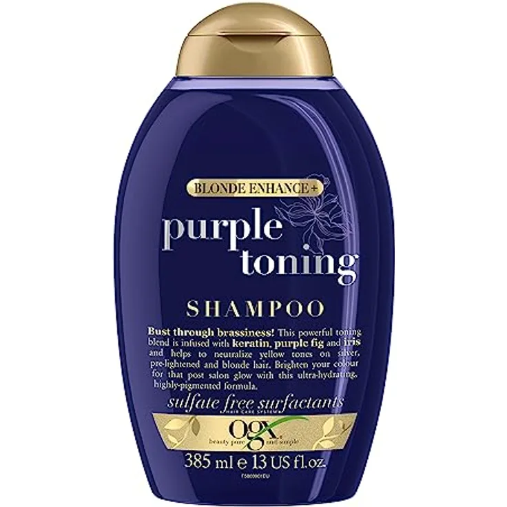 OGX Purple Toning Shampoo (385 ml), Feuchtigkeitsspendendes Silbershampoo Mit Keratin, Lila Feige Und Iris, No Yellow Silver Shampoo Für Blondes Blondiertes Haar, Anti Gelbstich Tönungs shampoo