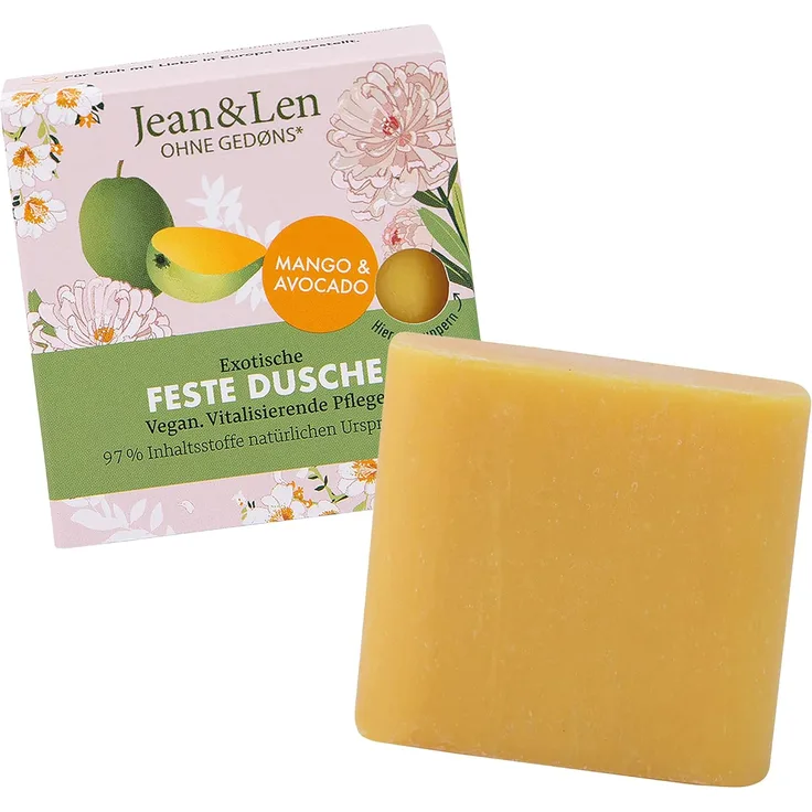 Jean & Len Exotische Feste Dusche Mango und Avocado, reinigt und sorgt für ein gepflegtes Hautgefühl, exotischer Duft, für alle Hauttypen, Festes Duschgel, ohne Parabene & Silikone, vegan, 60 g