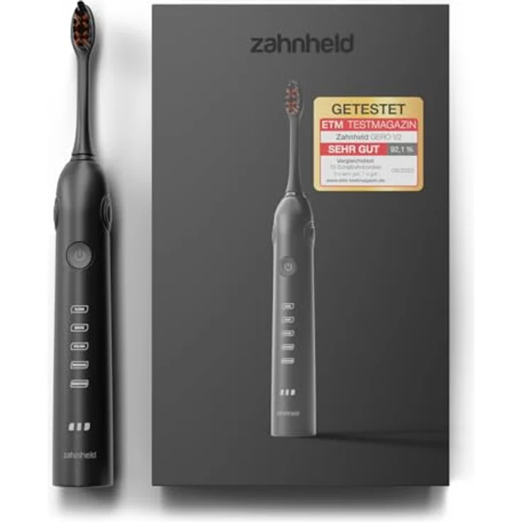 Zahnheld Gero 2 Schallzahnbürste, elektrische Zahnbürste mit Etui schwarz, 5 Putzmodi, lange Akkulaufzeit für Erwachsene, ideal für Reisen – Bild 1