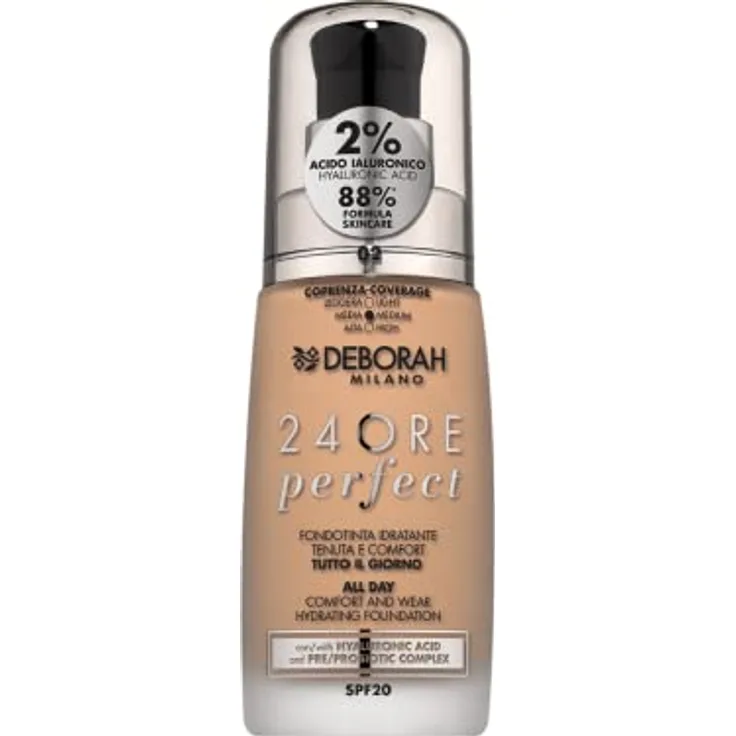 Deborah Milano - 24 Stunden Flüssigkeitsfoundation Perfect Feuchtigkeitsspendende SPF 20, N.2 True Beige, 30,0 ml, 1