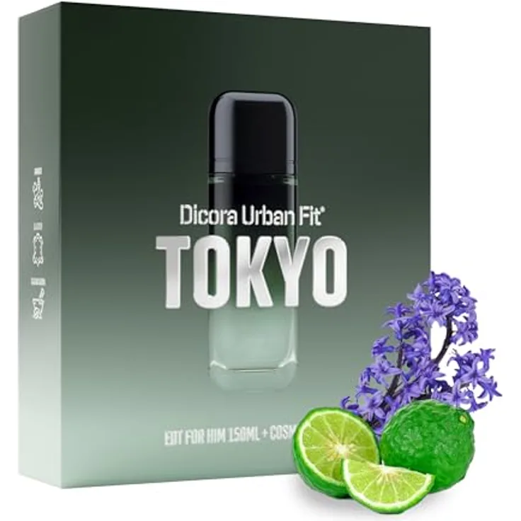 Dicora Urban Fit Set Tokyo for HIM, Herrenparfüm EDT 150 ml, Duftnoten: Ingwer, Bergamotte, Lavendel, Leder, Bernstein, Sandelholz, inklusive Necessaire, Geschenkset