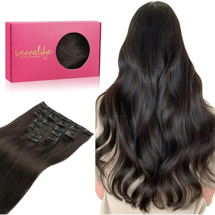 WENNALIFE Clip in Extensions, Echthaar 50cm 120g, 7pcs Dunkel Braun Haarverlängerungen mit silikonverstärkten Clips – Bild 1