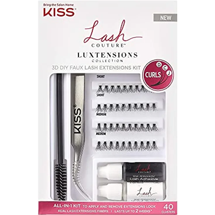 KISS Lash Couture LuXtensions Collection 3D DIY Wimpern Extensions Set, 40 Wimpernbüschel, Wimpernkleber, Wimpern Applikator, Wimpernbürstchen, semi-permanenter Wimpernkleber und Entferner