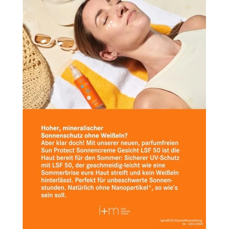 i+m® Sun Protect LSF 50, BIO Sonnencreme für das Gesicht mit Bisabolol & Vitamin E, mineralischer Zink UV Schutz, vegan, 50ml – Bild 2
