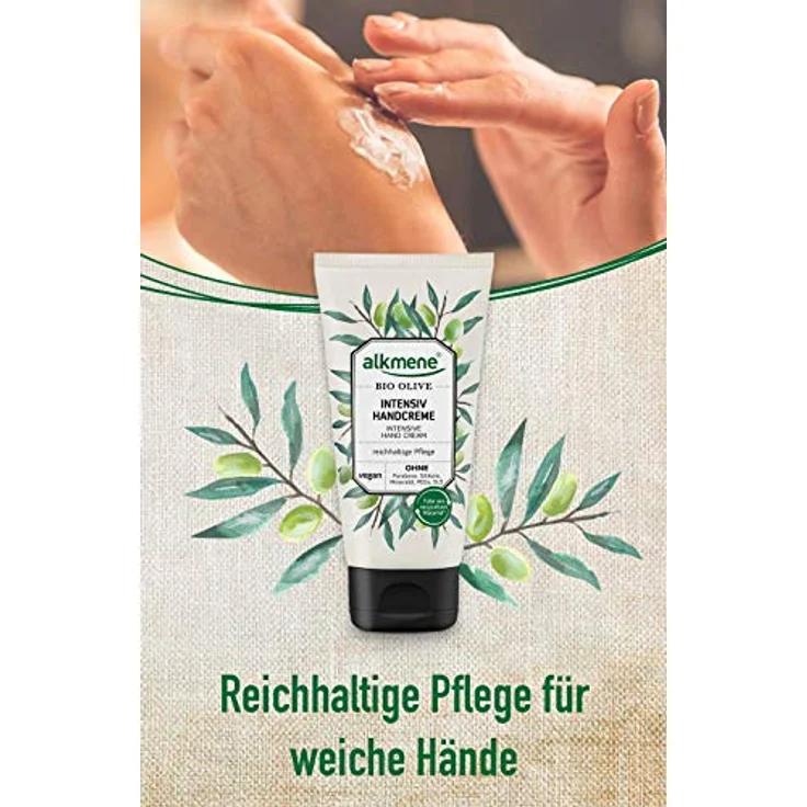 alkmene Handcreme mit Bio Olive - Intensiv Creme für sehr trockene Hände - vegane Olivenöl Intensivcreme ohne Silikone, Parabene, Mineralöl, PEGs, SLS & SLES - Hautpflege im 3er Pack (3x 75 ml) – Bild 2