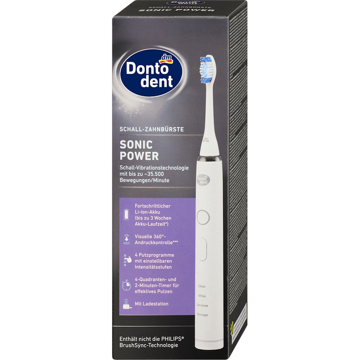 Dontodent Sonic Power Akku-Schallzahnbürste mit 35.000 Bewegungen/Min., 4 Putzprogrammen, Andruckkontrolle, Timer und 3 Wochen Akkulaufzeit