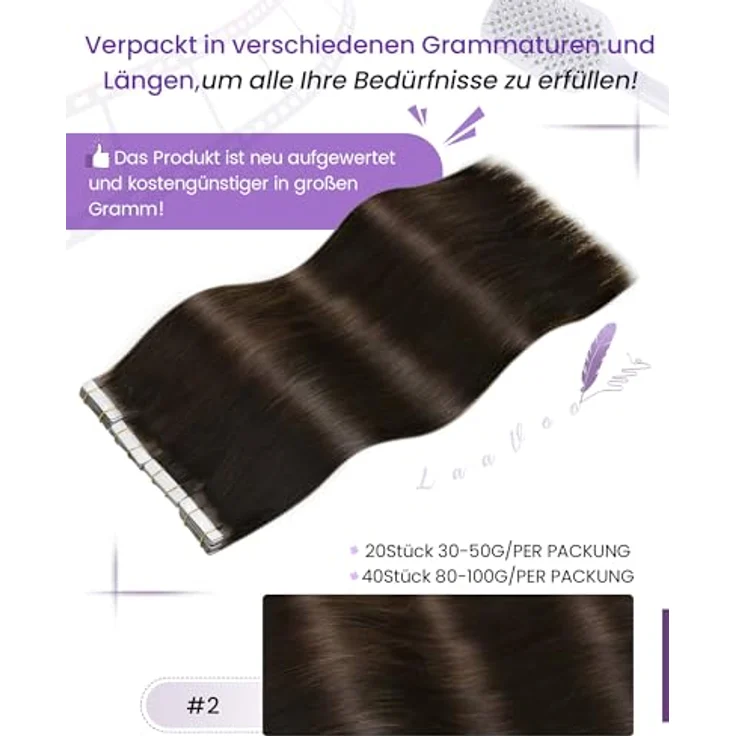 LaaVoo 70cm Tape Extensions Echthaar Dunkelstes Braun, 100% Remy Echthaar, 20PCS, 65G, nahtlos und wiederverwendbar – Bild 3