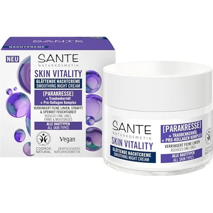 SANTE Naturkosmetik Face Skin Vitality Nachtcreme, regenerierende Anti-Falten Pflege mit Parakresse, Traubenkernöl & Pro-Kollagen, 50ml
