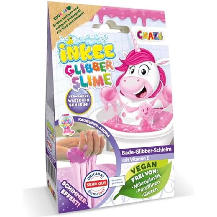 INKEE Bath Slime Unicorn, Bade-Glibber Schleim mit Vitamin E und Bubble Gum Aroma, 100g pinkes Schleimpulver – Bild 1