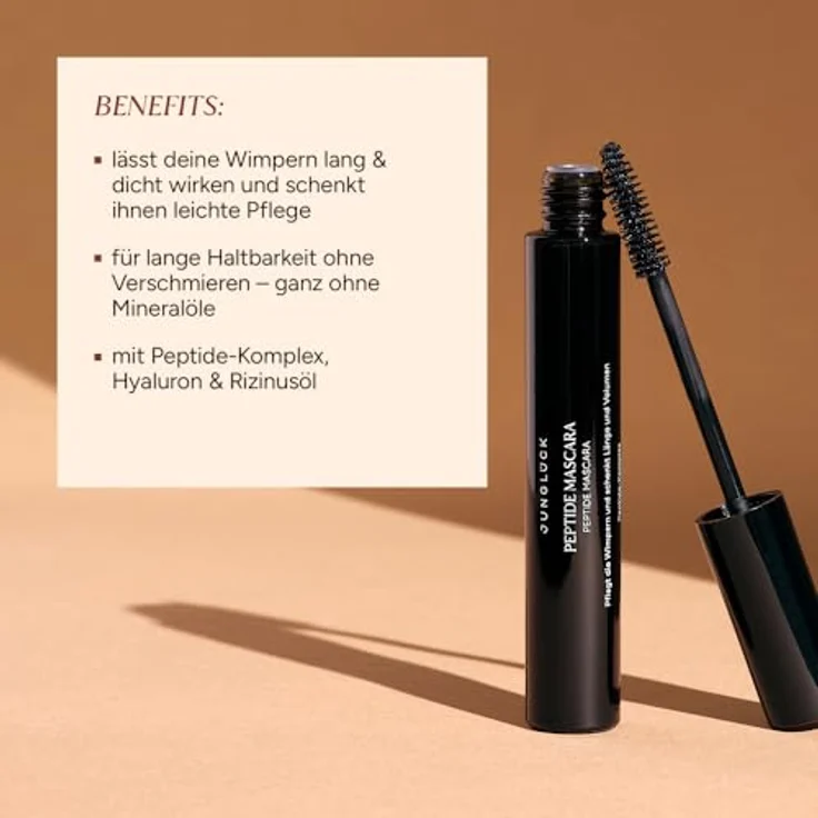JUNGLÜCK Peptide Mascara, Vegane Wimperntusche ohne Mineralöle, wasserlöslich, wischfest, mit Peptid, Hyaluron und Rizinusöl, tiefschwarz – Bild 2