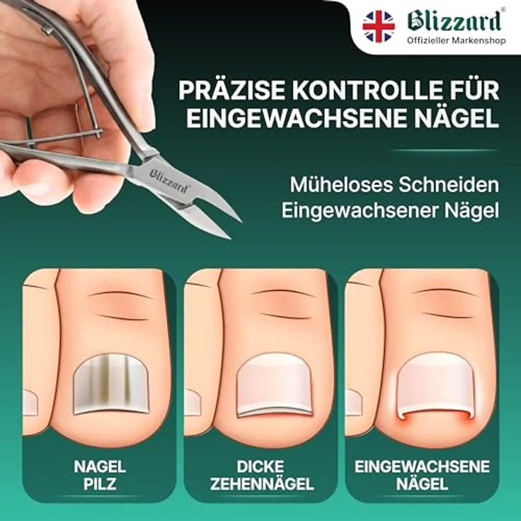 Blizzard Nagelzange für Fußnägel, extra schlanke Eckenzange mit spitzer Schneide für eingewachsene Zehennägel & Nagelfalz, Profi Podologie Fußpflege Werkzeug aus Edelstahl, 13 cm inkl. Metall Nagelfeile – Bild 2