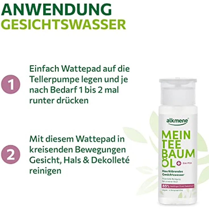 alkmene Mein Teebaumöl Gesichtswasser 150 ml Pickel Reduktion 85% bestätigt - naturreines Teebaumöl, vegan & klimaneutral - Gesichtsreinigung für unreine Haut - Facial Toner Gesicht - Face Tonic – Bild 4