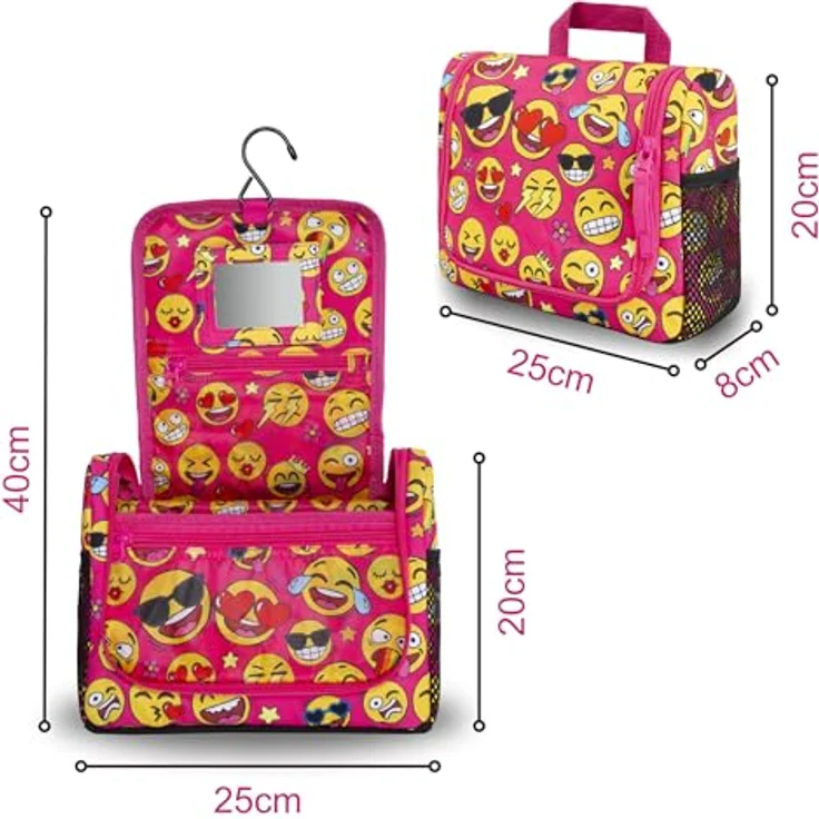 GRINSEZWERGE Kulturtasche für Kinder und Erwachsene, Reise Kulturbeutel mit 12 Motiven, 25 x 20 x 8 cm, zum Aufhängen, mit Metallhaken und herausnehmbarem Spiegel – Bild 2