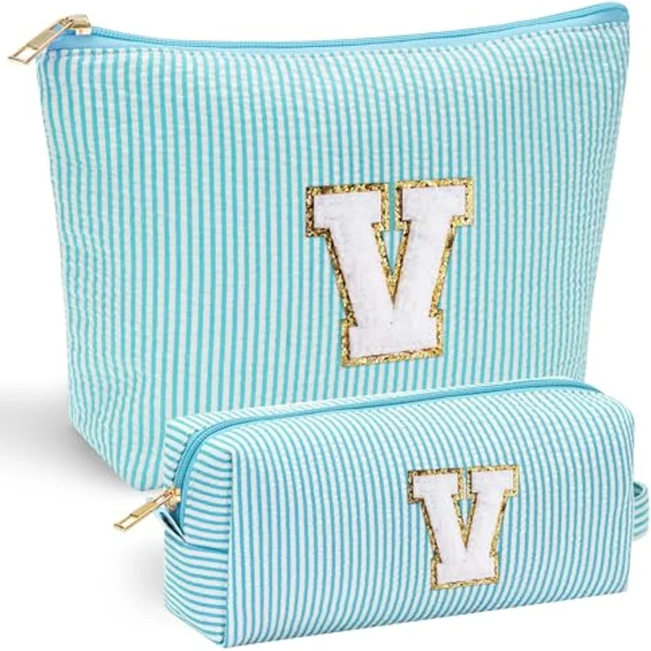Parima Kosmetiktasche mit Buchstaben V, große und kleine Make-up-Tasche, hellblau, personalisierbare Geschenke für Frauen und Mädchen, praktische Fächeranordnung – Bild 1
