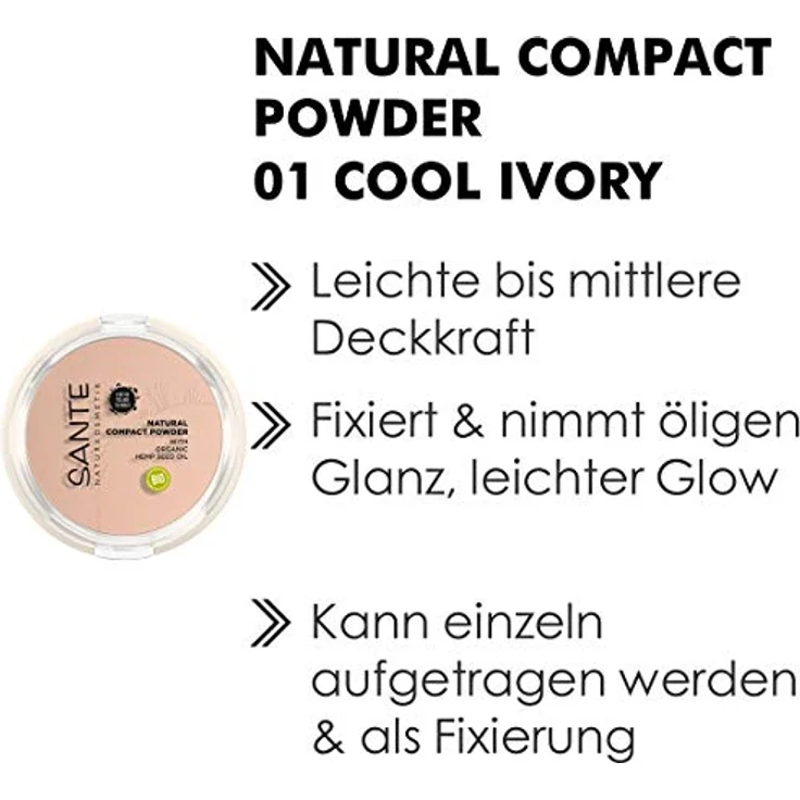 SANTE Naturkosmetik Natural Compact Powder 01 Cool Ivory, mattiert und fixiert langanhaltend, natürlicher Glow, mit Bio-Hanfsamenöl, Vegan, 9g – Bild 4
