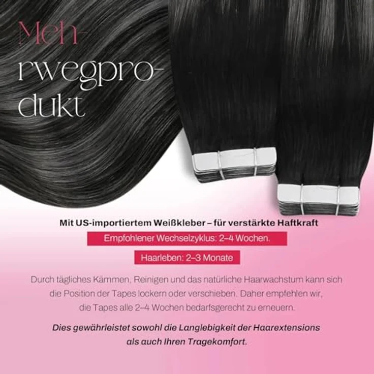 Moresoo Tape in Extensions Echthaar, Invisible Tape Blayage Schwarz Silber, Remy Haarverlängerung 45cm 50g #1B/S/1B – Bild 3