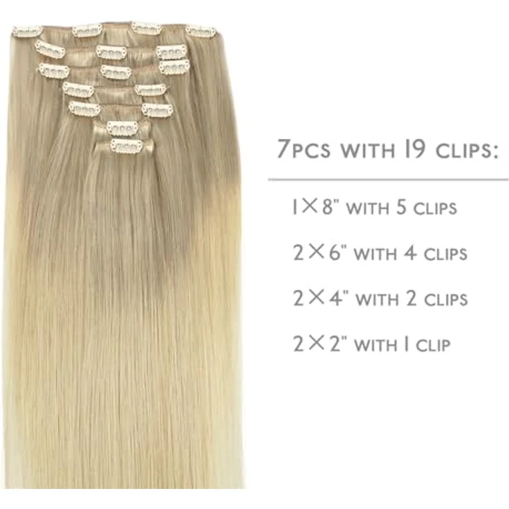 WENNALIFE Clip in Extensions Echthaar, 40cm 120g, 7pcs, Aschblond bis Goldblond und Platinblond, Remy Haarverlängerung mit hochwertigen Clips – Bild 2