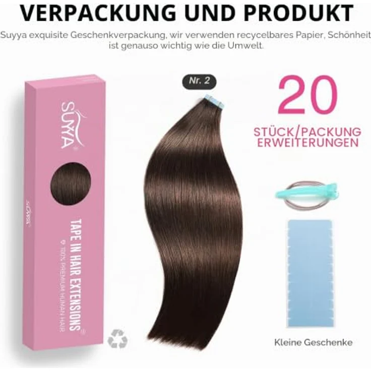 SUYYA Tape Extensions Echthaar 18 Zoll 45 cm, dunkelbraun, mit hochwertigem Remy-Haar und wiederverwendbarem Klebeband – Bild 2