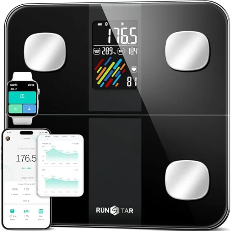 runstar RunSTAR Smart Scale, digitale Personenwaage mit hoher Genauigkeit für Körpergewicht und Fettanteil, 15 Körperzusammensetzungsmetriken, max. 180 kg, FSA HSA zugelassen, großes VA-Display – Bild 1