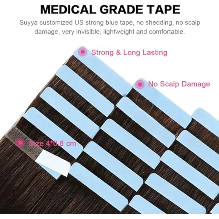 SUYYA Tape Extensions Echthaar, 12 Zoll, 40G, Dunkel Braun, Remy Haarverlängerungen mit professionellem Klebeband, seidig gerade, 20 Stück – Bild 3