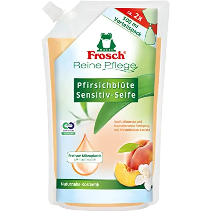 Frosch Pfirsichblüte Sensitiv-Seife, Pflegende Handseife zur sanften und Hygienischen Reinigung, Nachfüllbeutel, 500 ml