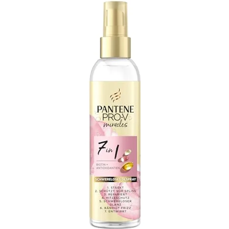 Pantene Pro-V 7in1 Schwerelöses Ölspray mit Biotin 145ml. Pro-V Miracles Haarölspray Hilft, das Haar gegen Stylingschäden zu Stärken und Schützt vor Spliss. Bändigt Frizz und Duftet Erfrischend