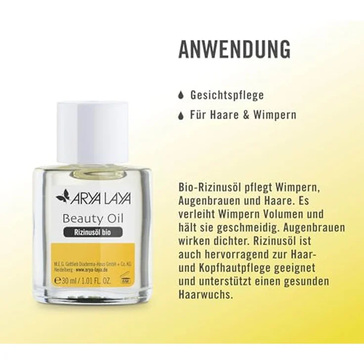 Arya Laya Beauty Oil Rizinus bio, 30 ml: für schöne Wimpern & dichte Augenbrauen, kräftiger Haarwuchs & gesunde Haarspitzen, vegan – Bild 3