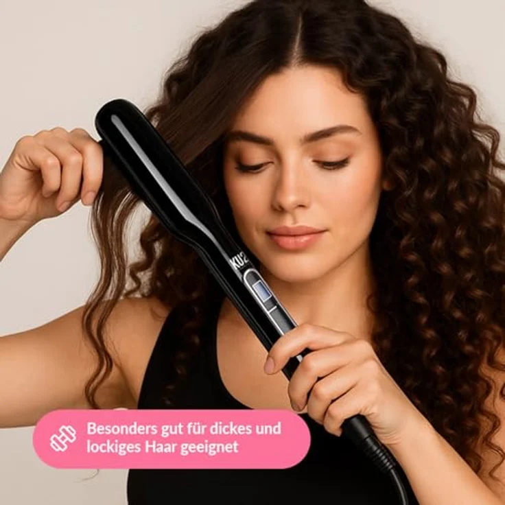 KU2 Cosmetics Haarglätteisen Bold, Extra breite 37 mm Keramik-Platten, LED-Display, 130–220 °C, 40 s Aufheizzeit, automatischer Shut-Off, vielseitig für glattes, lockiges Haar & voluminöse Wellen – Bild 3