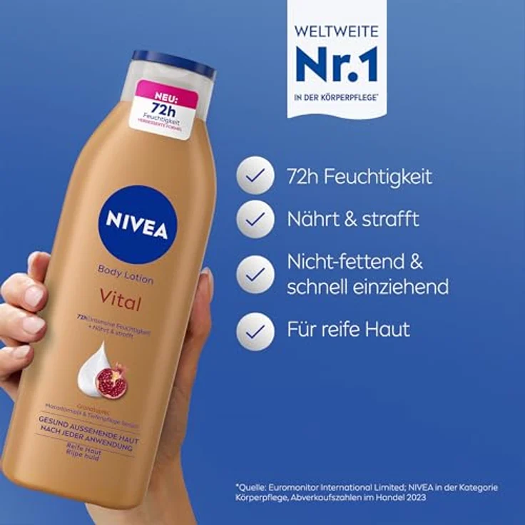 NIVEA Vital Body Lotion, nährende Körpercreme für reife Haut mit Granatapfel, Macadamiaöl & Tiefenpflege Serum, 250 ml, 72h intensive Feuchtigkeit – Bild 2