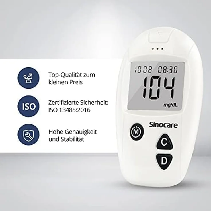 Sinocare Safe-Accu Blutzuckermessgerät Set, inklusive 50 Teststreifen, 200 Messergebnisse Speicherplatz, einfache Ein-Tasten-Bedienung – Bild 3