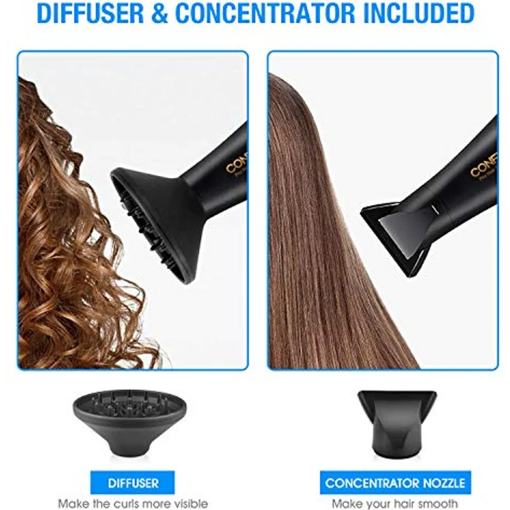 CONFU 2300W Profi Föhn, Haartrockner mit Ionen-Technologie, Diffusor und Stylingdüse, 2 Geschwindigkeiten, 3 Heizstufen, AC Motor, Kaltstufe, 220V – Bild 4