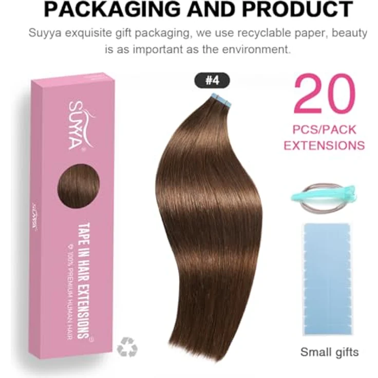 SUYYA Tape Extensions Echthaar, Invisible Tape in Extensions seidig glatt, 14 Zoll 35cm, 20 Stück 40G, #4 Schokoladenbraun – Bild 2