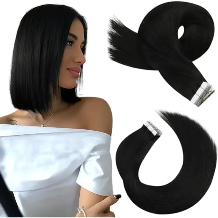 Moresoo Tape Extensions Echthaar Schwarz, Nahtlose Remy Haarverlängerungen, 35 cm, Seidenglatt, 20 Stück, 40g, #1B 14 Zoll – Bild 1