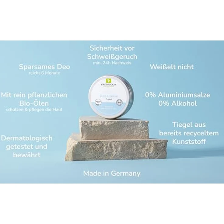 GREENDOOR Deo Creme crystal vegan, null Schweißgeruch – ohne Weißeln, ohne Zink ohne Aluminium ohne Alkohol natürlich ohne Tierversuche, dermatologisch bewährt, Naturkosmetik, sanft, 50 ml – Bild 2